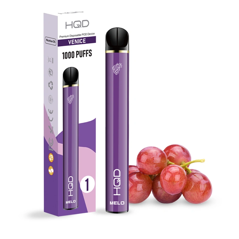 Ηλεκτρονικό τσιγάρο μιας χρήσης HQD Melo Venice Grape με γεύση Σταφύλι με το κουτί του.