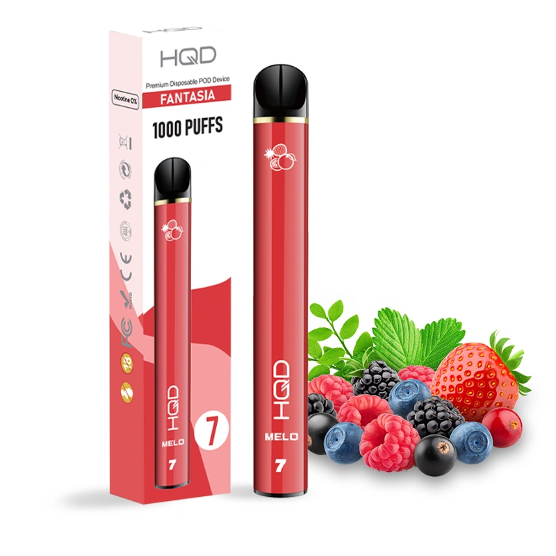 Ηλεκτρονικό τσιγάρο μιας χρήσης HQD Melo Fantasia Mixed-Fruits με γεύση Ανάμικτα Φρούτα με το κουτί του.