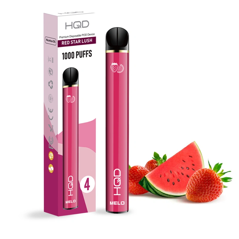Ηλεκτρονικό τσιγάρο μιας χρήσης HQD Melo Red Star Lush Strawberry-Watermelon με γεύση Φράουλα - Καρπούζι με το κουτί του.